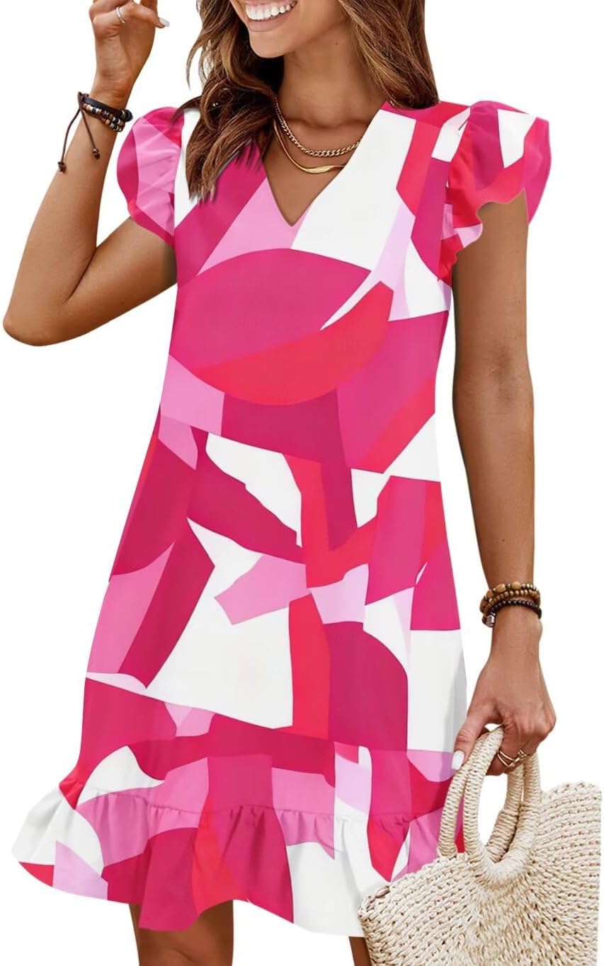 Flutter-Sleeve V-Neck Ruffle-Hem Mini Sundress in Red White Block print