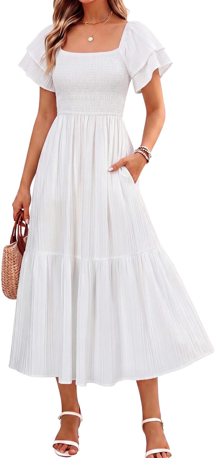 Off-Shoulder Ruffle Square-Neck Midi Dress in White