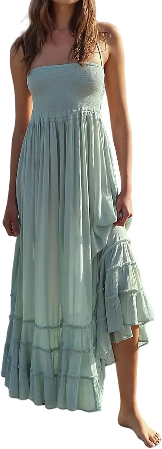 Smocked Ruffle Halter Backless Maxi Dress in Sage Green
