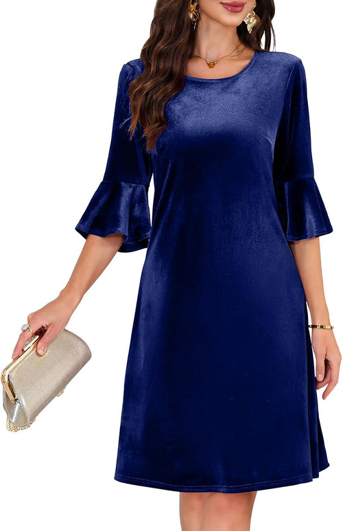 Chiffon Bell-Sleeve Crew-Neck A-Line Dress in Navy Blue