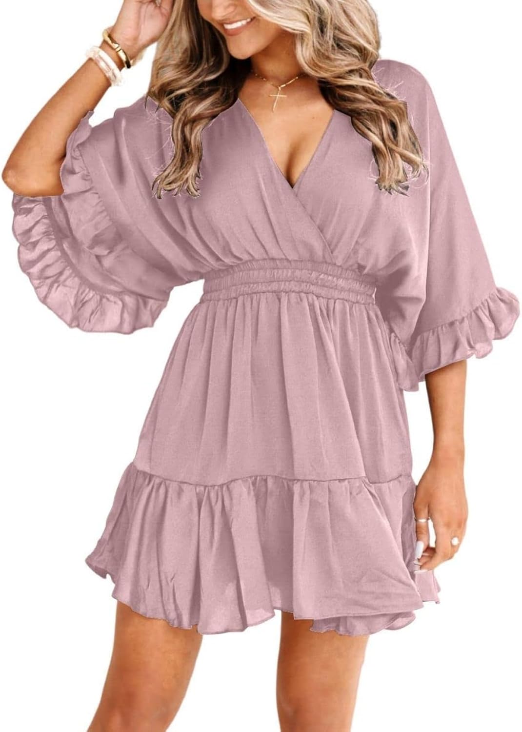 V-Neck Smocked-Waist Ruffle Mini Wrap Dress in Pink