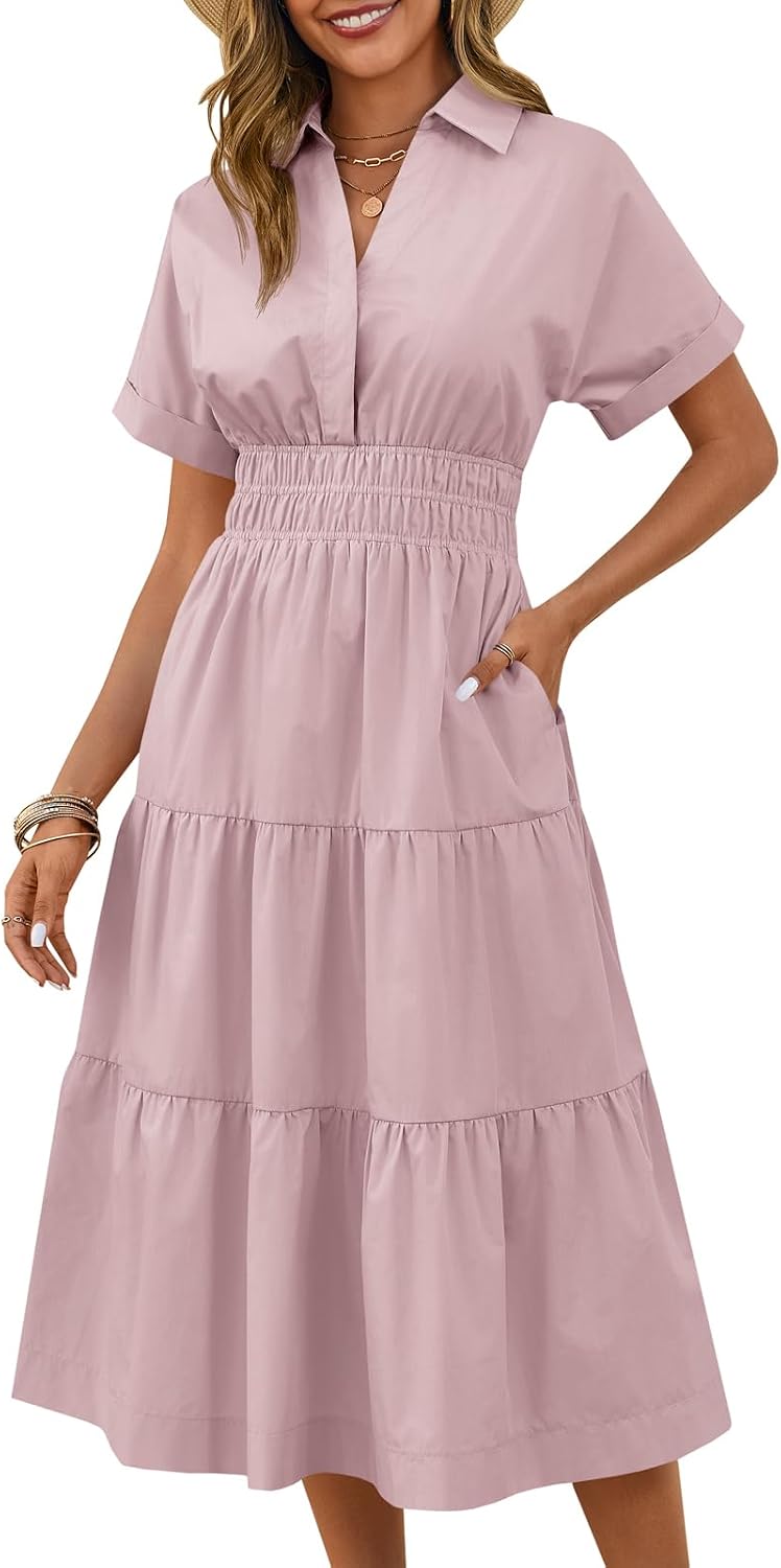 Collared Short-Sleeve Tiered Maxi Shirt Dress in Light Pink