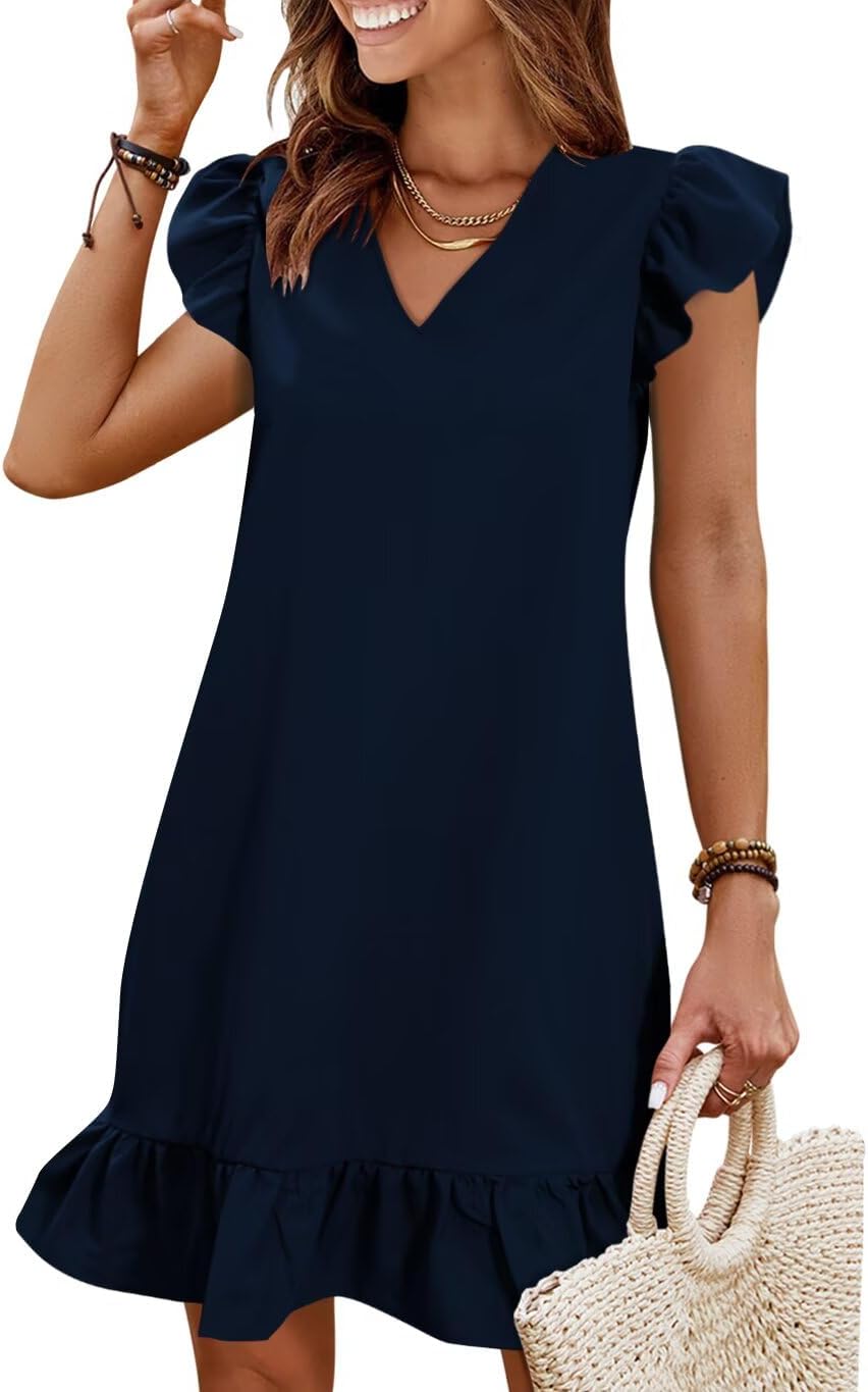 Flutter-Sleeve V-Neck Ruffle-Hem Mini Sundress in Blue, style 01