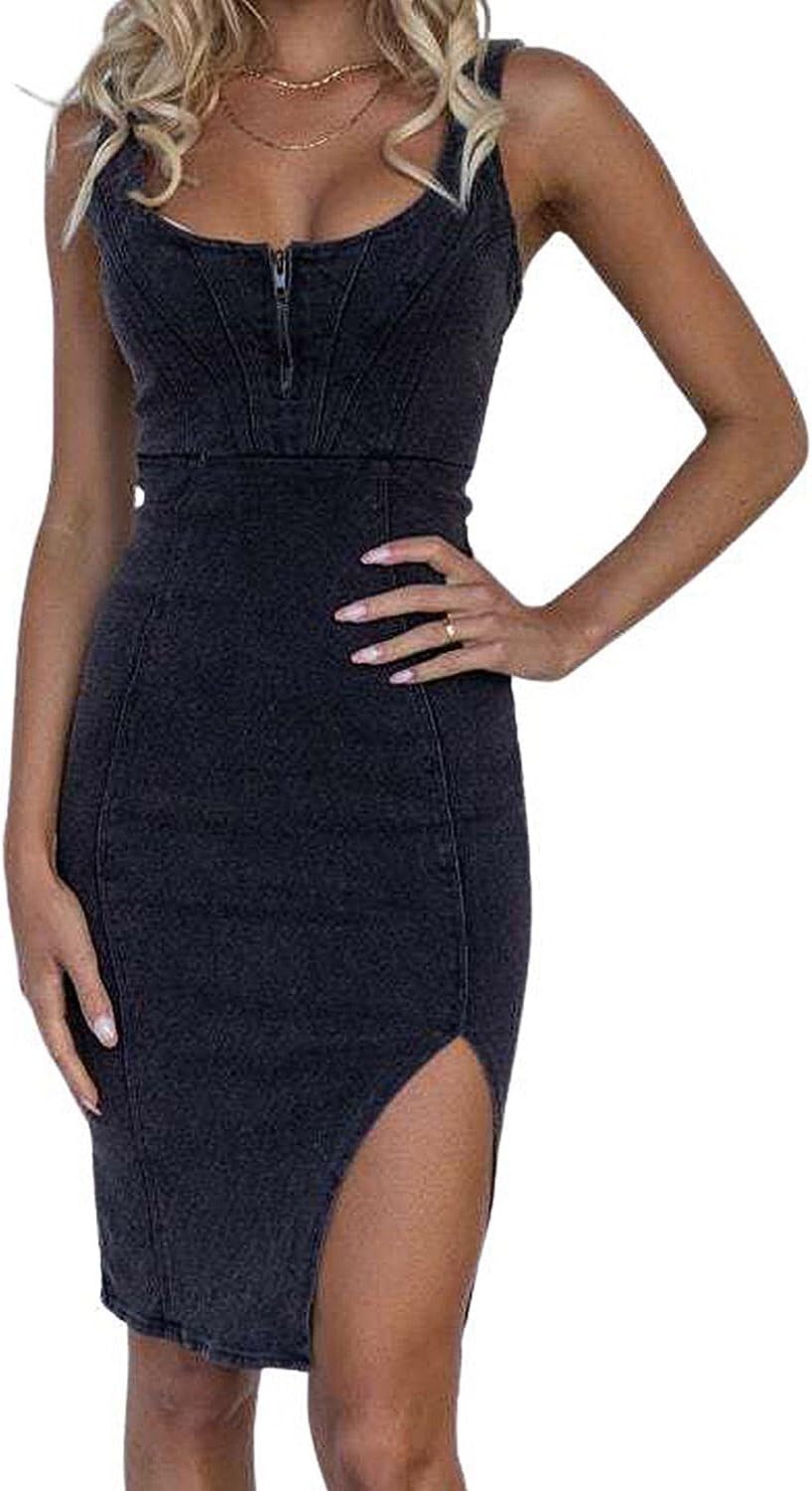 Sleeveless Denim Bodycon Midi Dress in Black