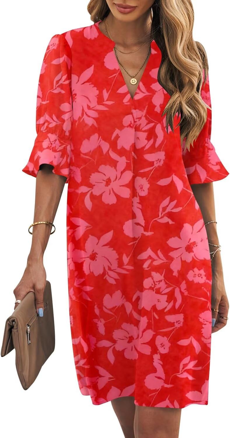 Ruffle-Sleeve V-Neck Swing Shift Mini Dress in Red Floral