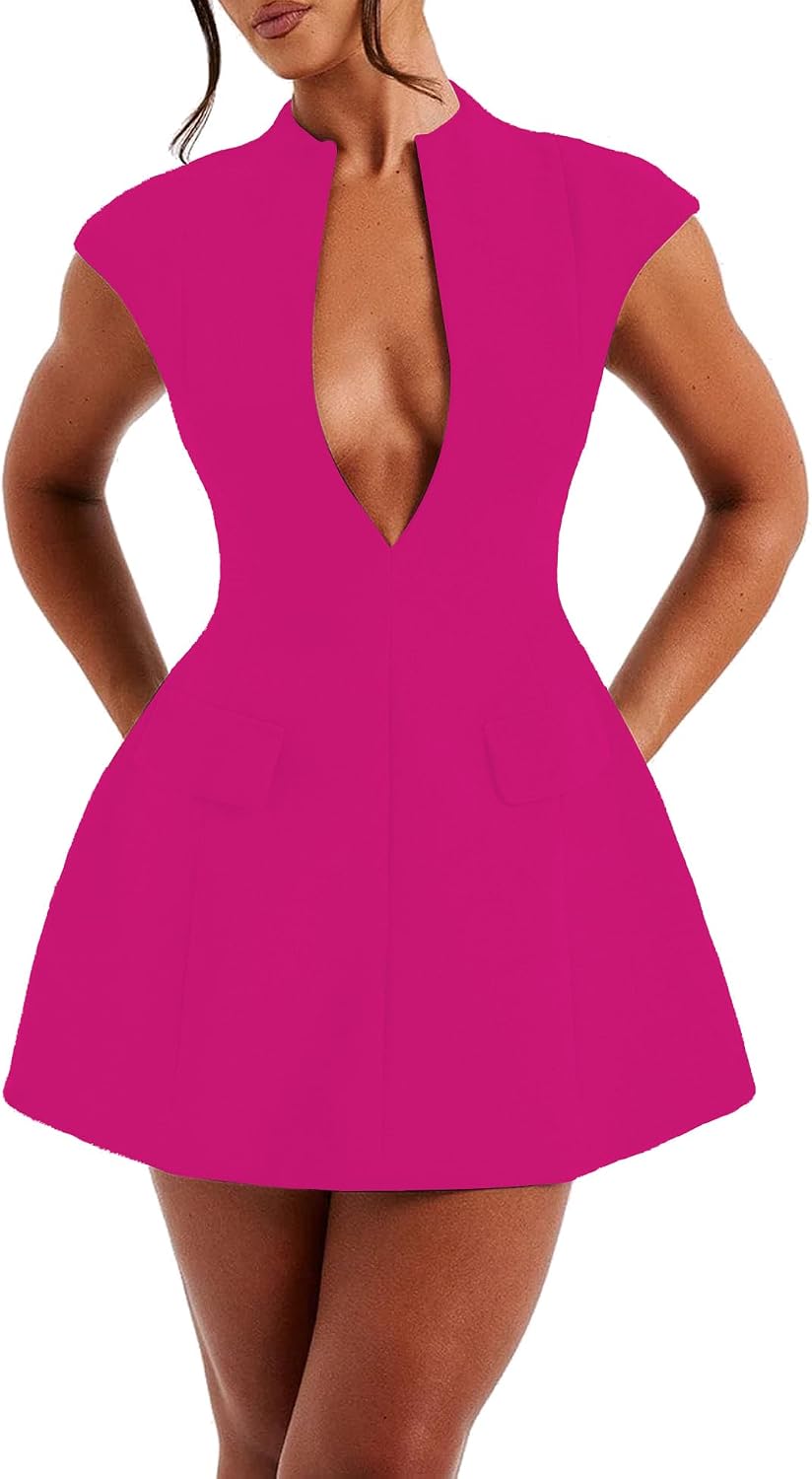 Deep V-Neck Cap-Sleeve Zip A-Line Mini Dress in Rose Red