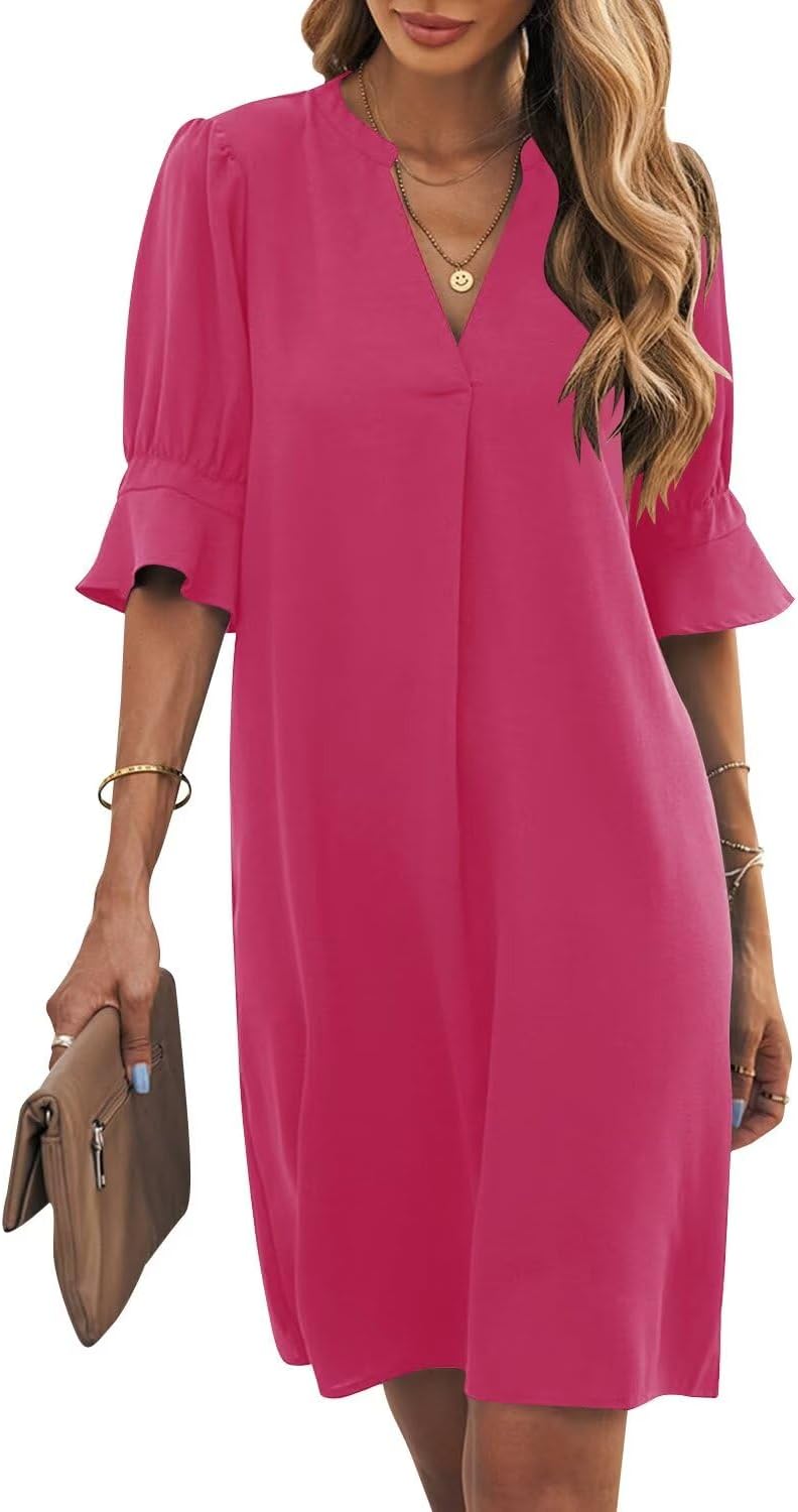 Ruffle-Sleeve V-Neck Swing Shift Mini Dress in Rose Pink