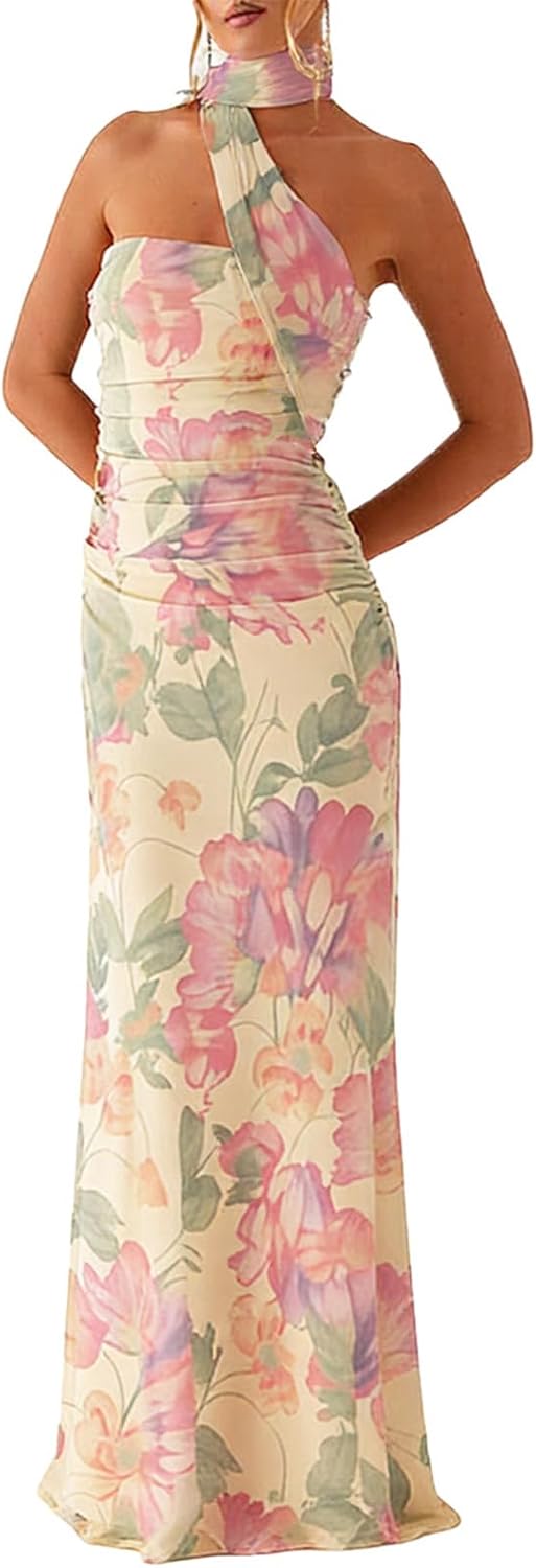 Floral Strapless Tube Maxi Dress with Scarf in Pink
