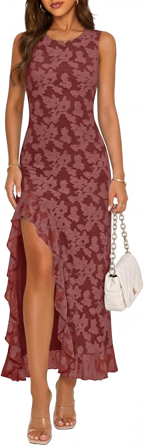 Floral Ruffle-Hem Sleeveless Maxi Dress in Wine Red