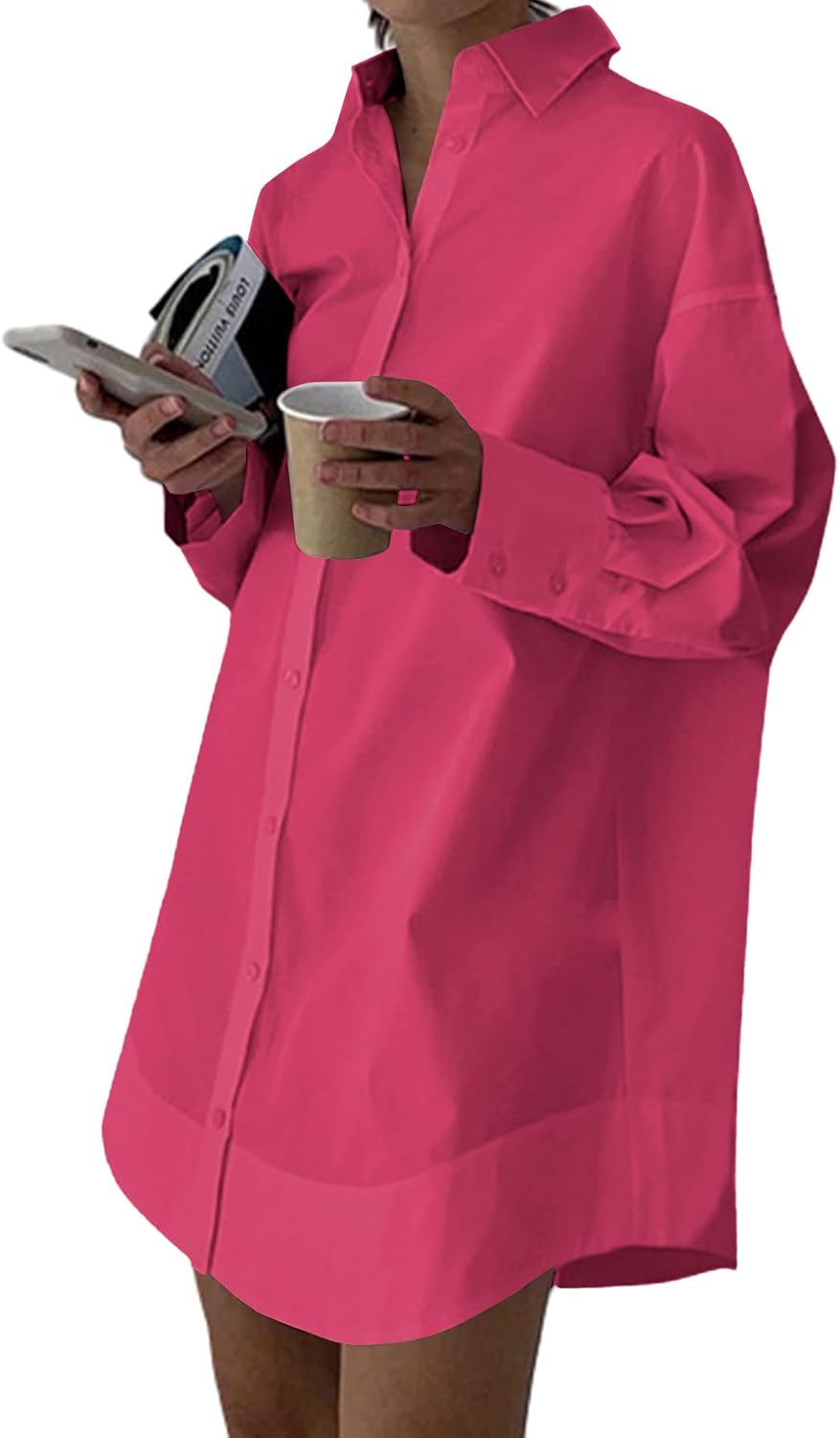 Collared V-Neck Long-Sleeve Button-Down Shirt Dress in Light Wine Red