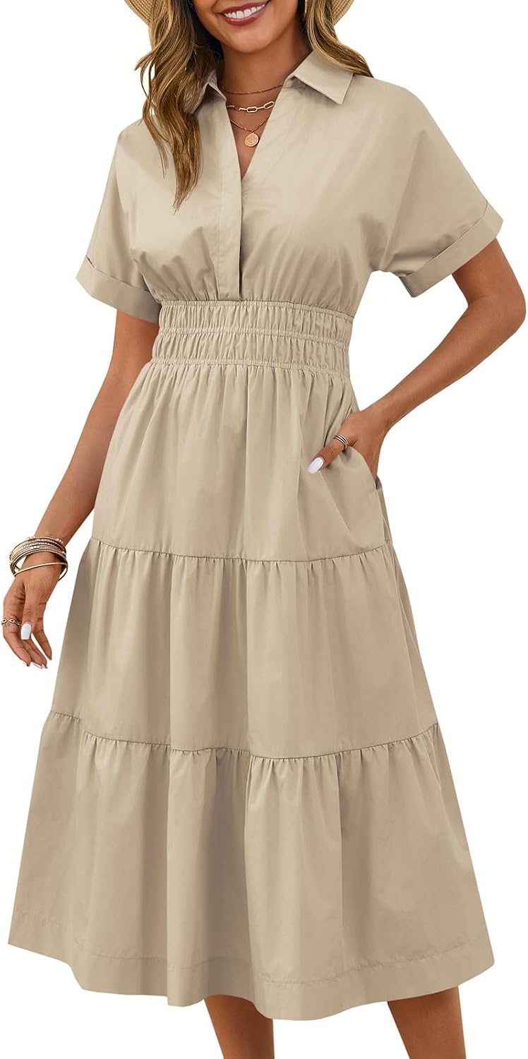 Collared Short-Sleeve Tiered Maxi Shirt Dress in Khaki