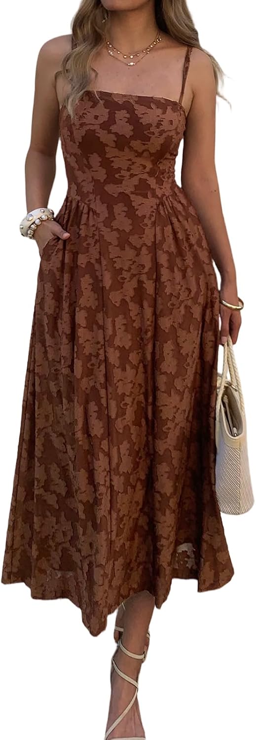 Floral Jacquard Square-Neck Maxi Dress in Brown