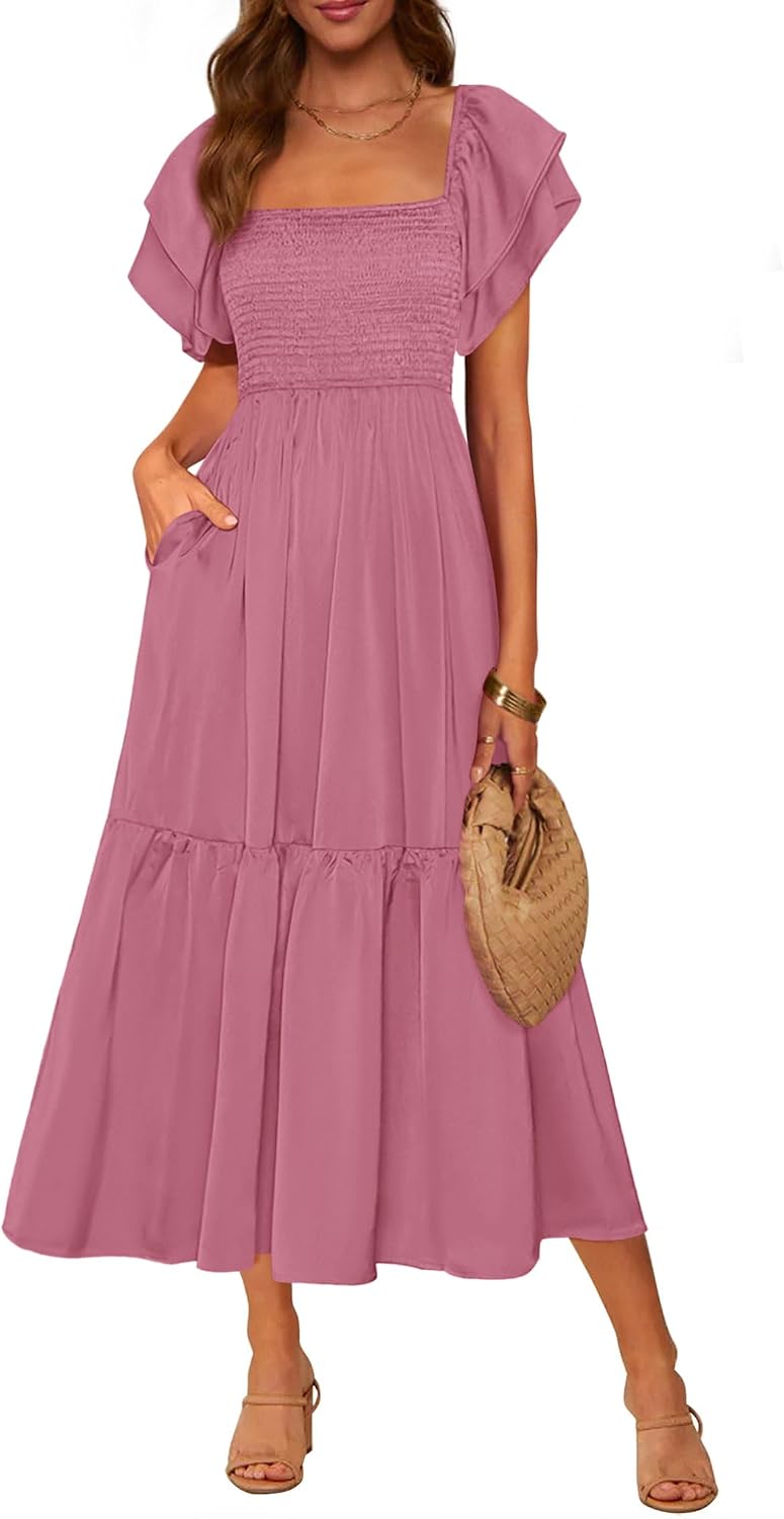 Smocked Square-Neck Ruffle-Sleeve Tiered Midi Dress in Dusty Pink