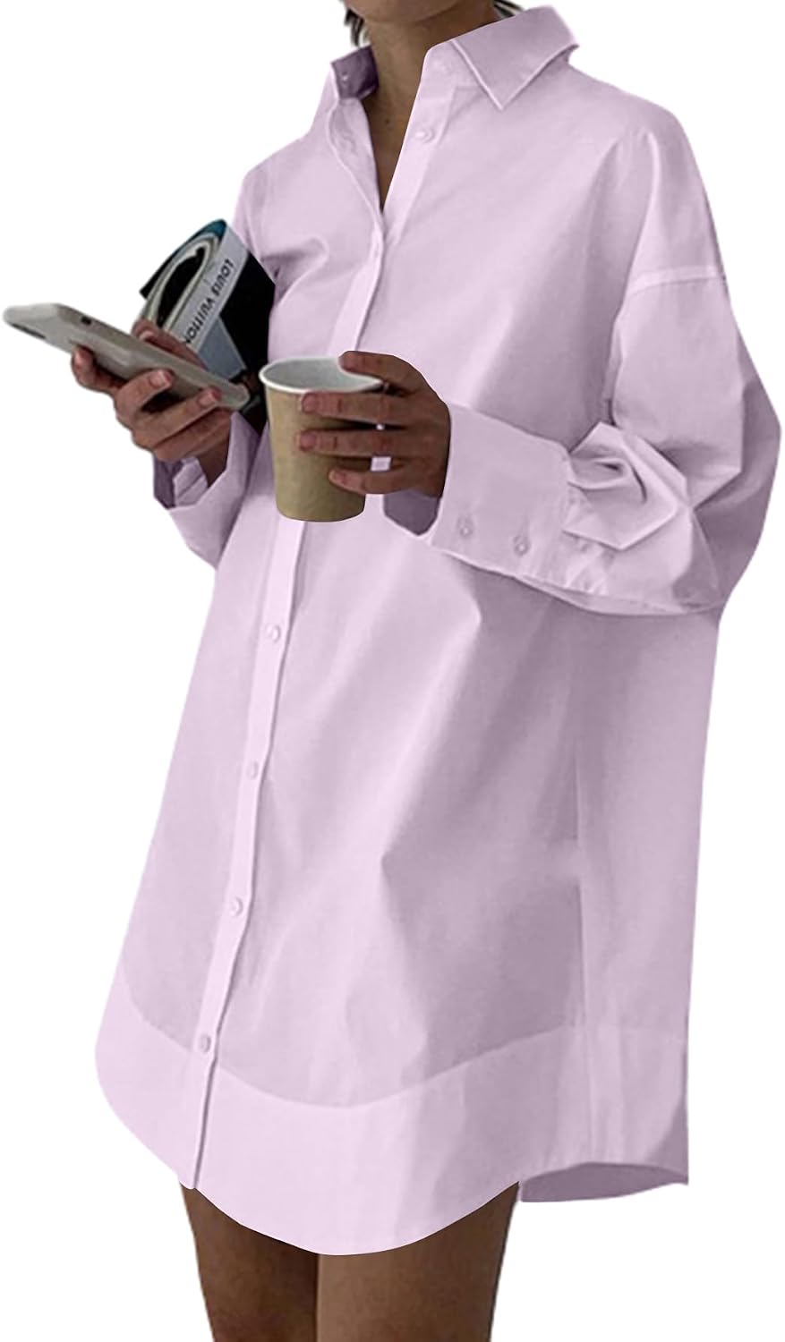 Collared V-Neck Long-Sleeve Button-Down Shirt Dress in Light Purple
