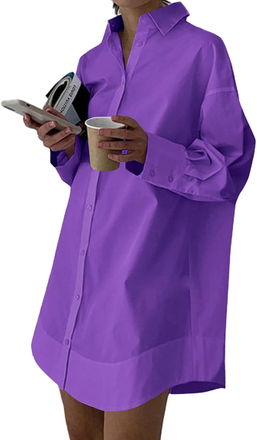 Collared V-Neck Long-Sleeve Button-Down Shirt Dress in Dark Purple