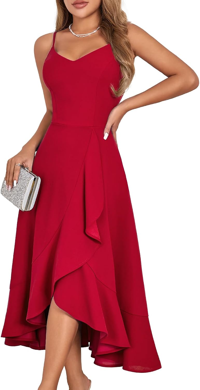 Ruffle High-Low Spaghetti Strap Cocktail Dress in Red