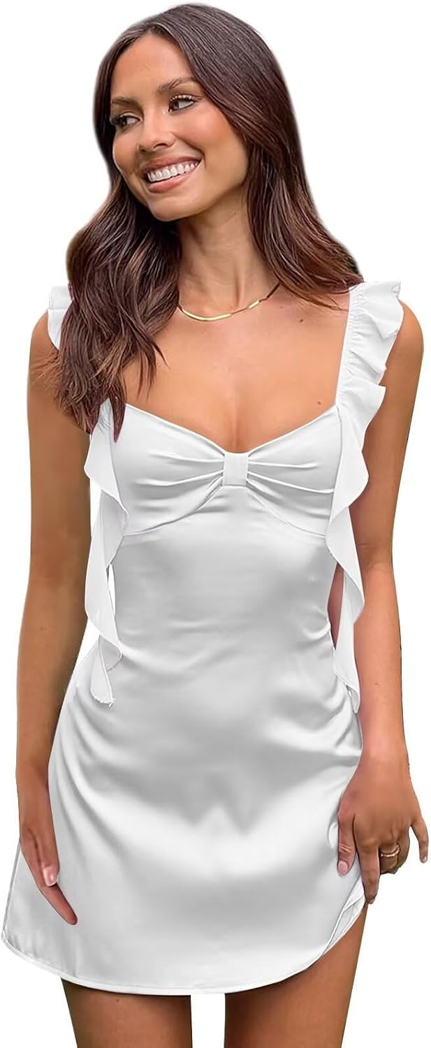 Ruffle Spaghetti Strap Short Cocktail Dress in White