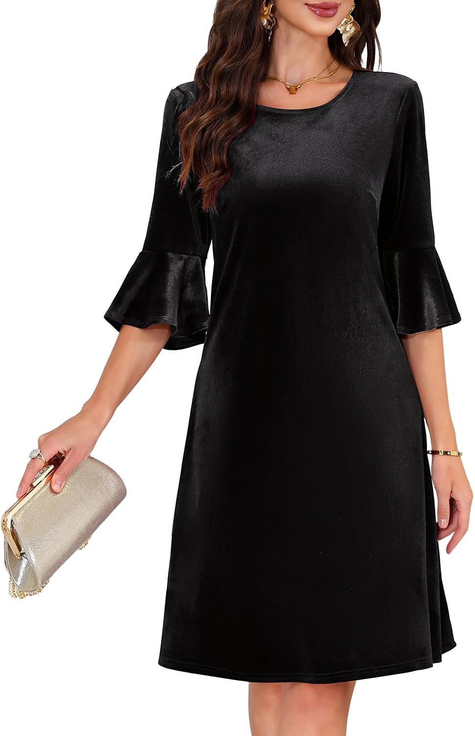 Chiffon Bell-Sleeve Crew-Neck A-Line Dress in Black, style 2