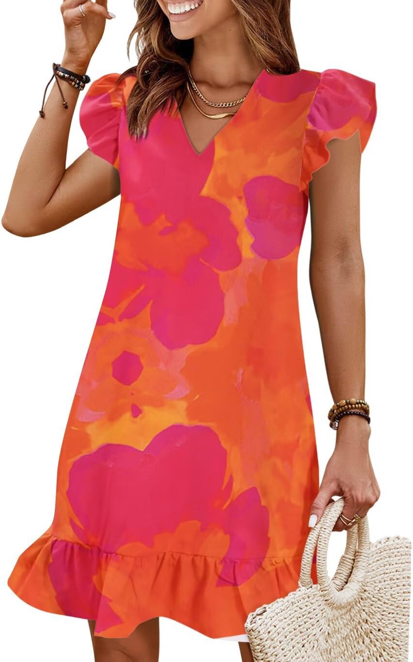 Flutter-Sleeve V-Neck Ruffle-Hem Mini Sundress in Orange Flower print