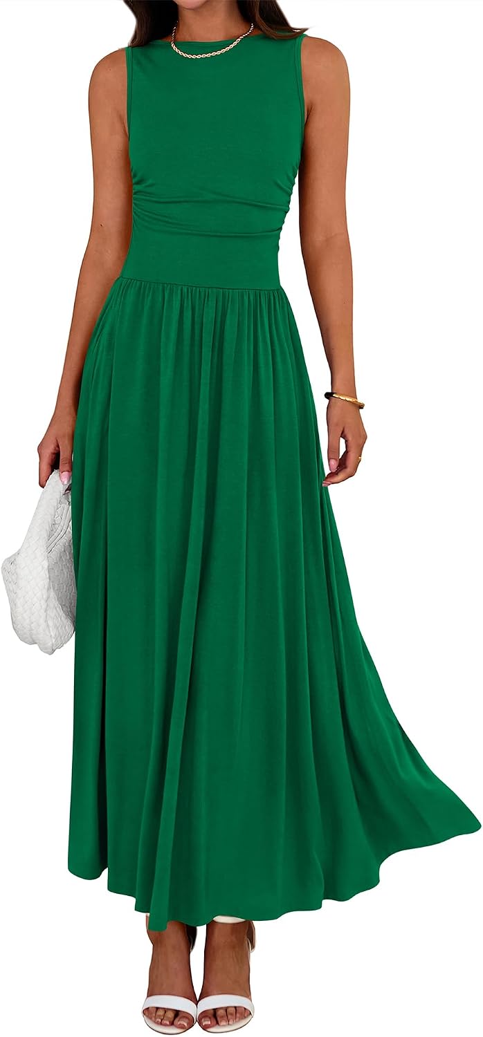 Crew-Neck Ruched Tank Maxi Dress in Green
