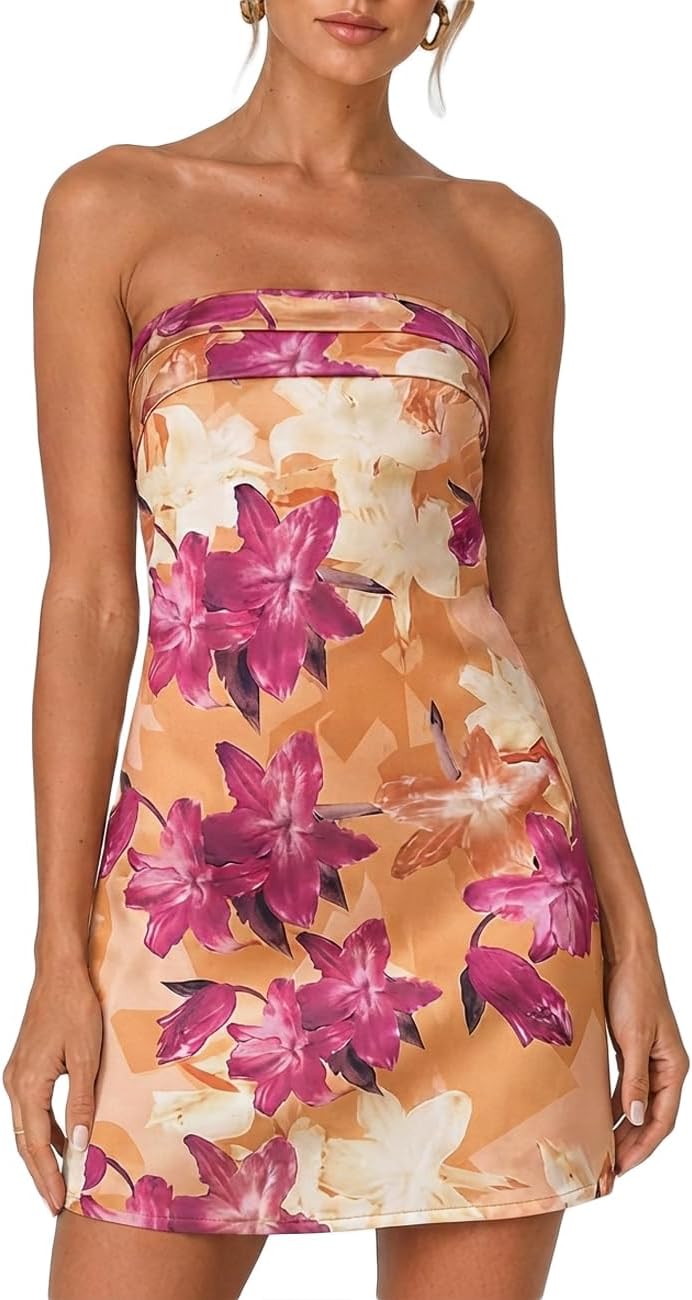 Satin Strapless Backless Tube Mini Dress in Lilies Purple