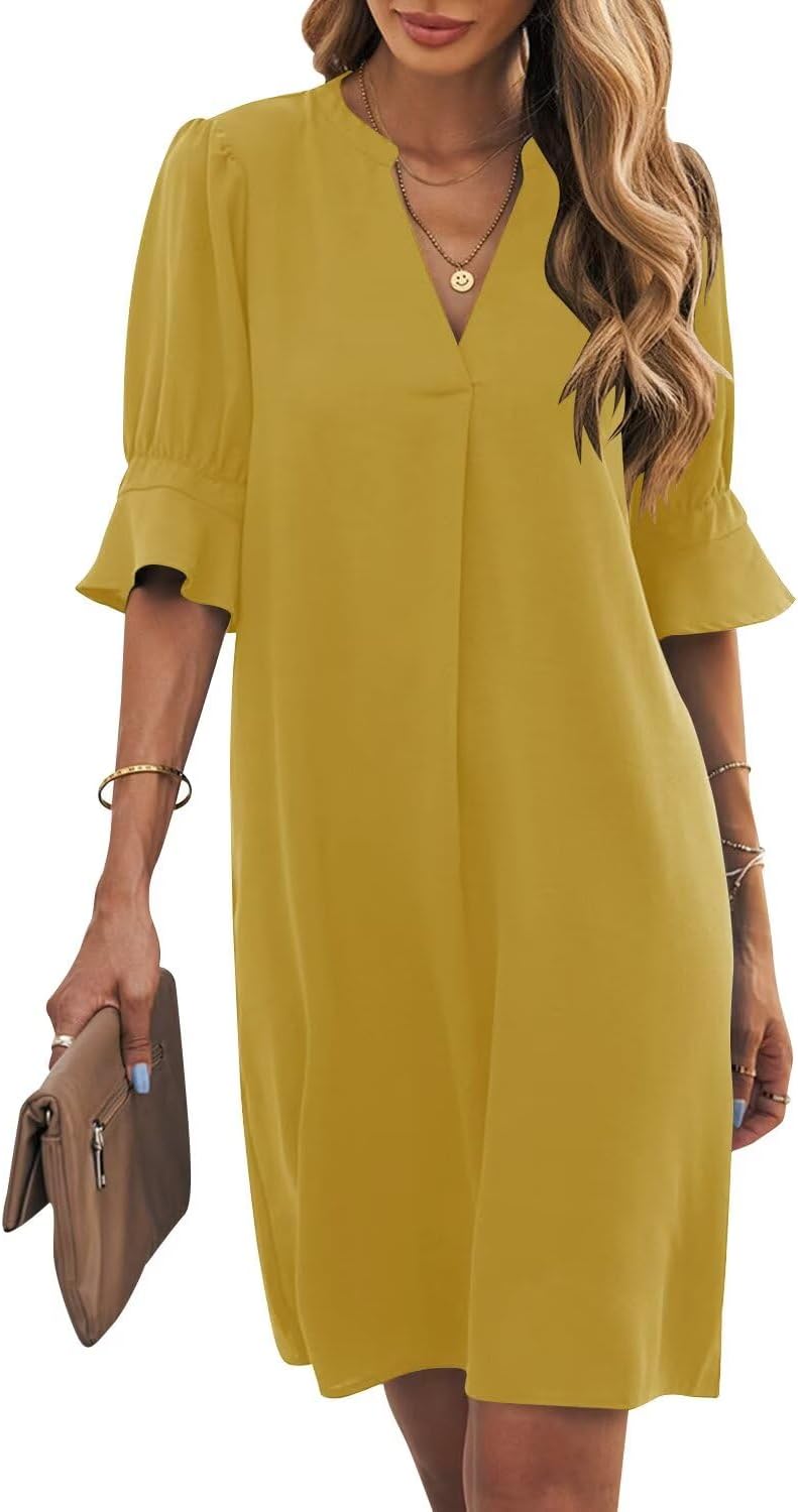 Ruffle-Sleeve V-Neck Swing Shift Mini Dress in Yellow