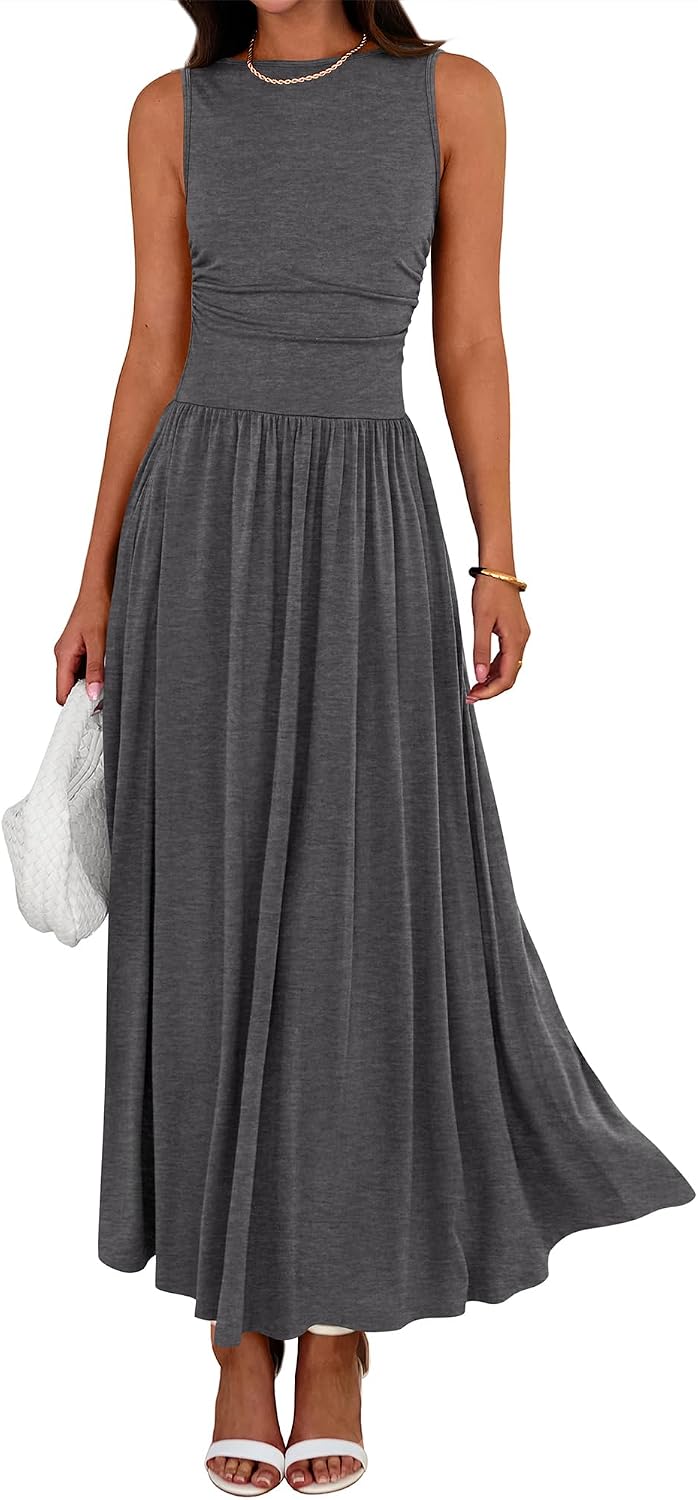 Crew-Neck Ruched Tank Maxi Dress in Dark Grey