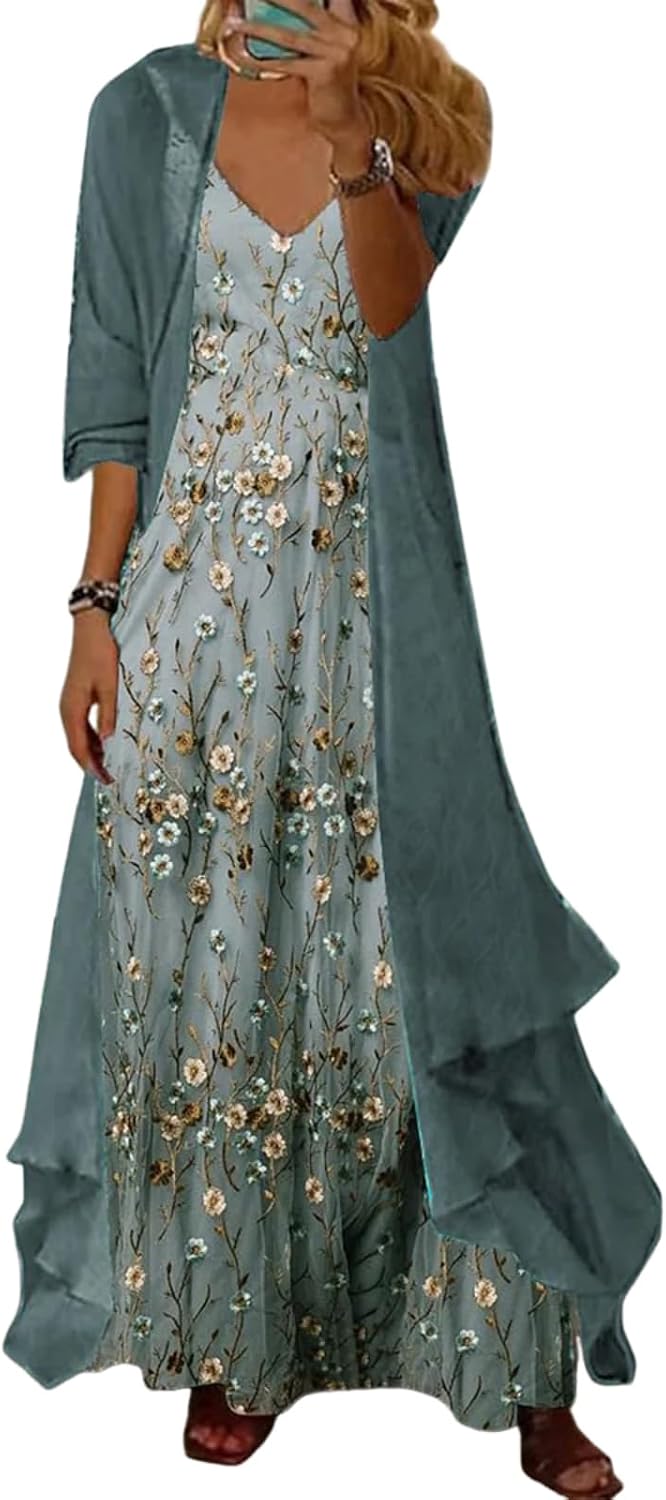Spaghetti Strap Dress with Sheer Cardigan, 2-Piece Set in Green