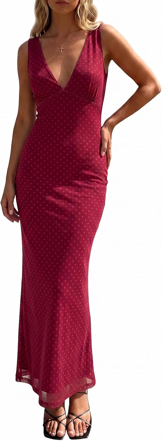 Polka Dot Mesh Deep V-Neck Backless Maxi Dress in Dark Red