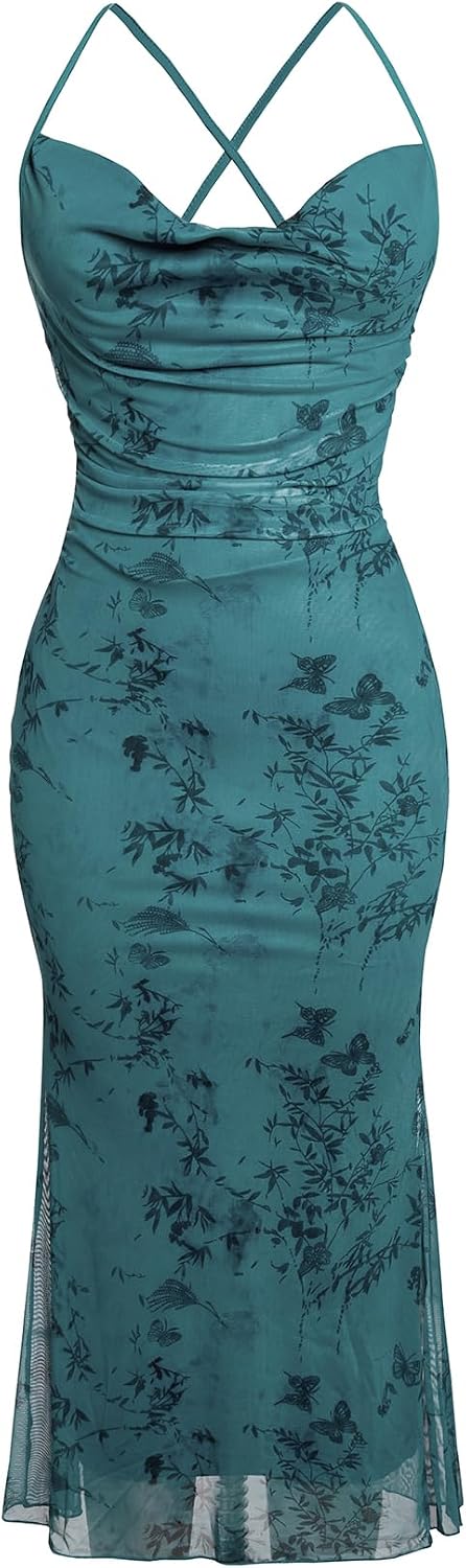 Floral Mesh Cowl-Neck Cami Maxi Dress in Teal Blue