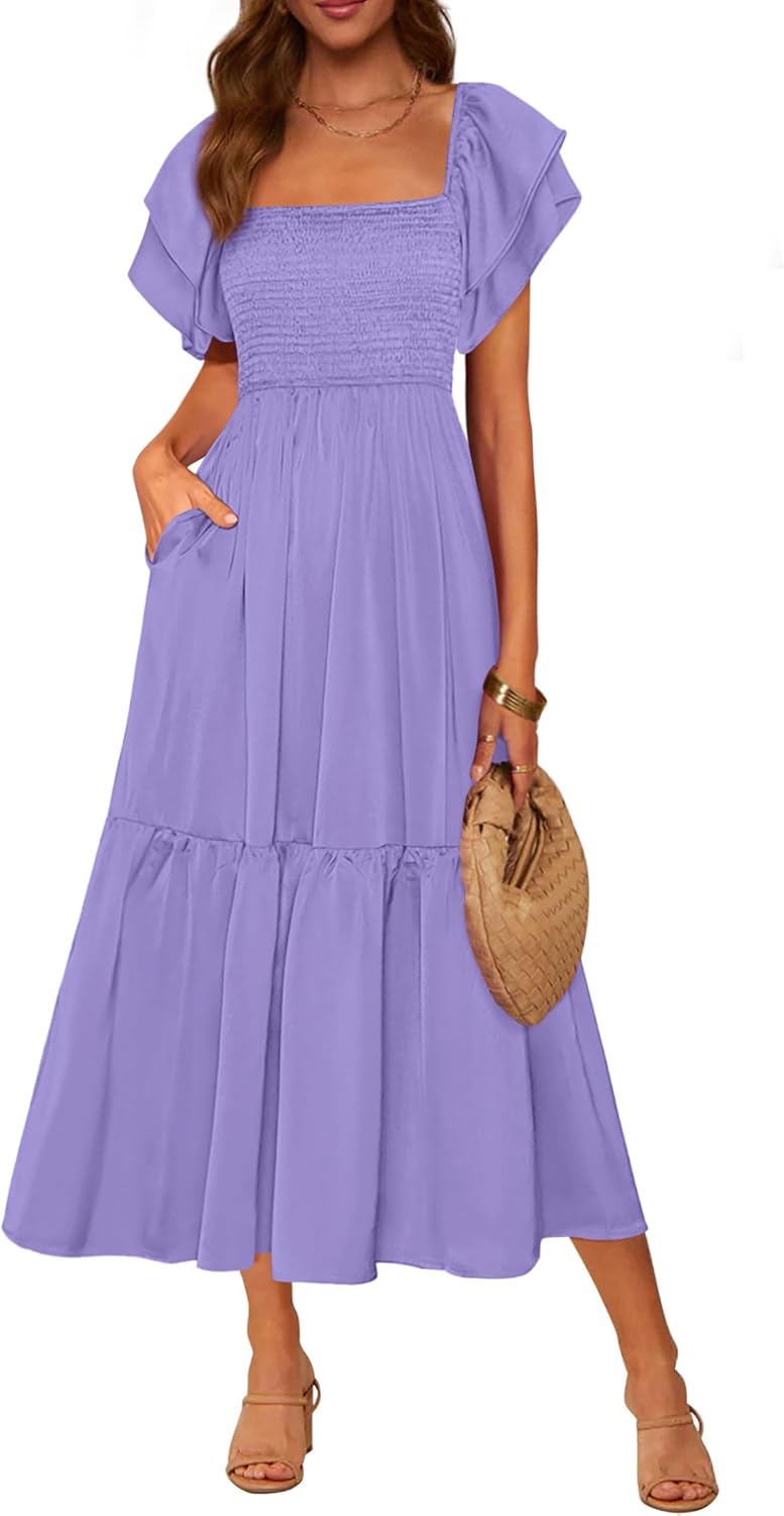 Smocked Square-Neck Ruffle-Sleeve Tiered Midi Dress in Purple