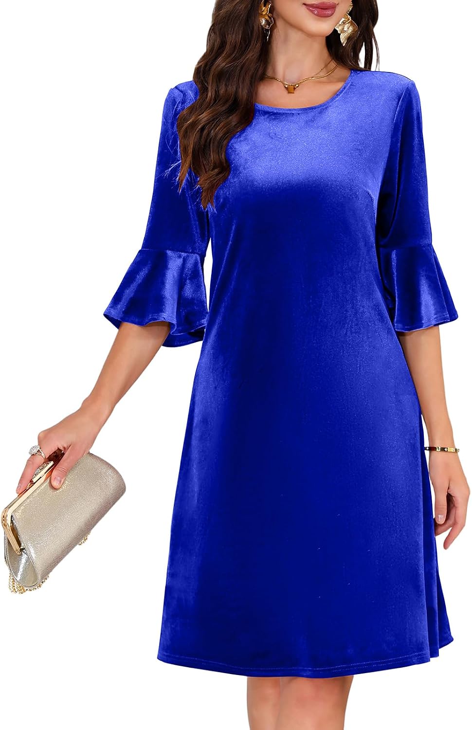 Chiffon Bell-Sleeve Crew-Neck A-Line Dress in Royal Blue, style 2