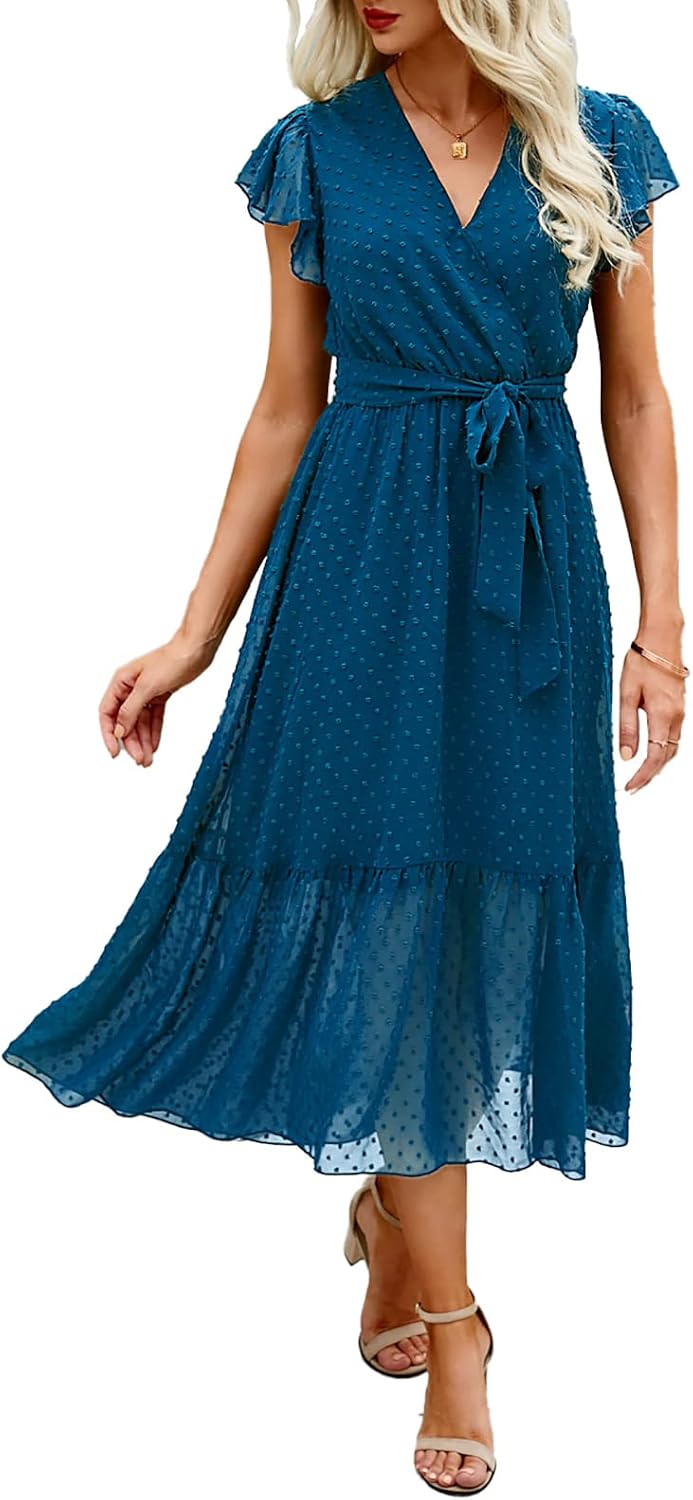 Swiss Dot Wrap V-Neck Belted Midi Dress in Swiss Dot Lake Blue