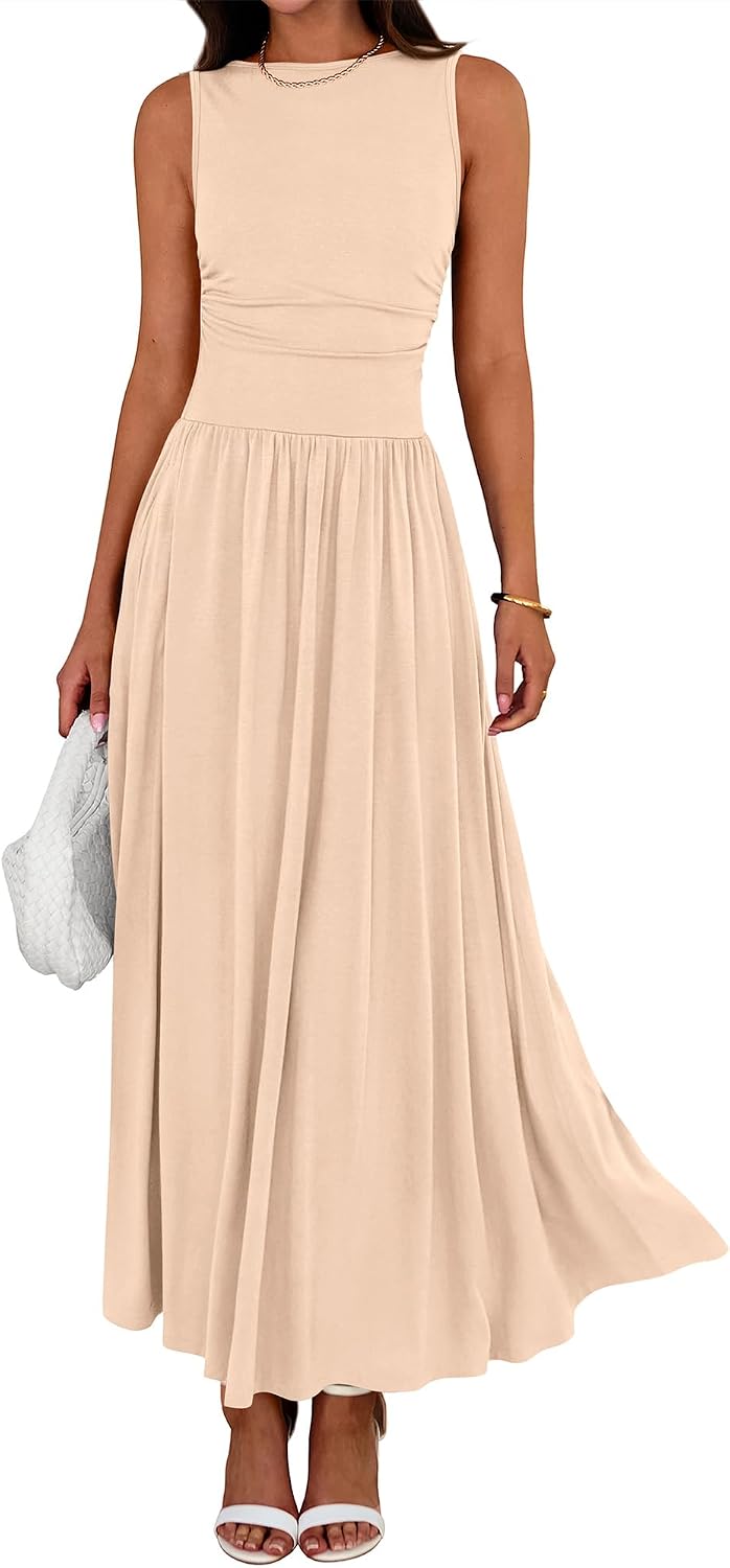 Crew-Neck Ruched Tank Maxi Dress in Beige