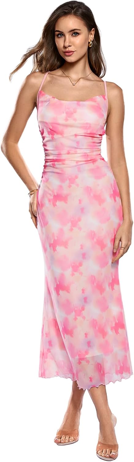 Floral Mesh Cowl-Neck Cami Maxi Dress in Multicolor