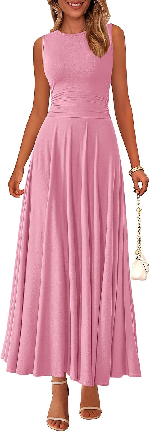 Rib Knit Crew-Neck Sleeveless A-Line Maxi Dress in Pink