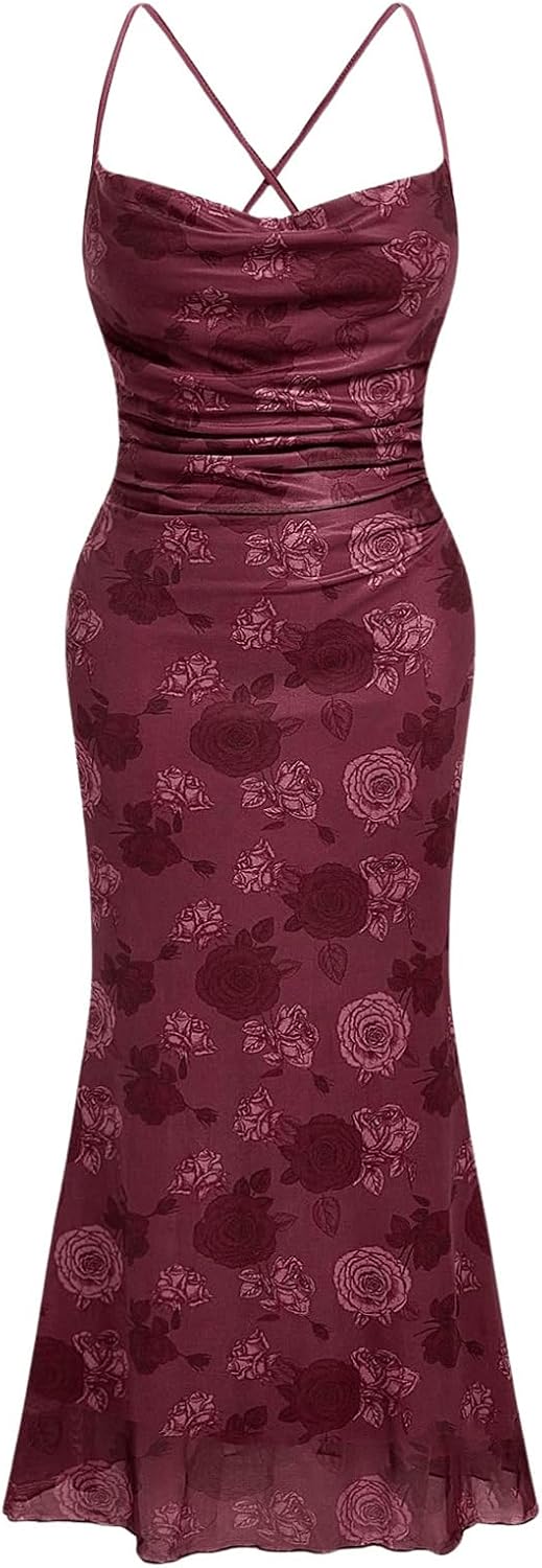 Floral Mesh Cowl-Neck Cami Maxi Dress in Red