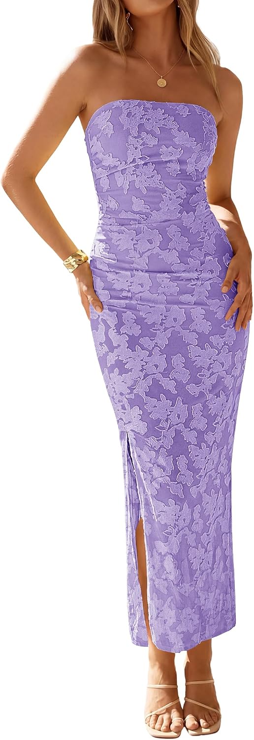 Floral Strapless Ruched Mesh Maxi Dress in Purple