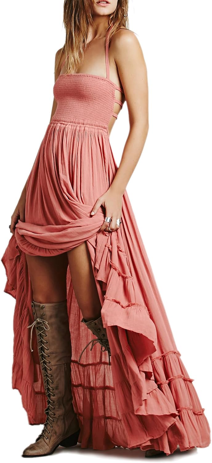 Smocked Ruffle Halter Backless Maxi Dress in Pink