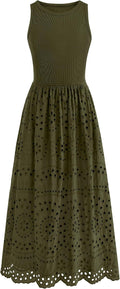 Lace Eyelet Sleeveless Tank Maxi Dress in Army Green
