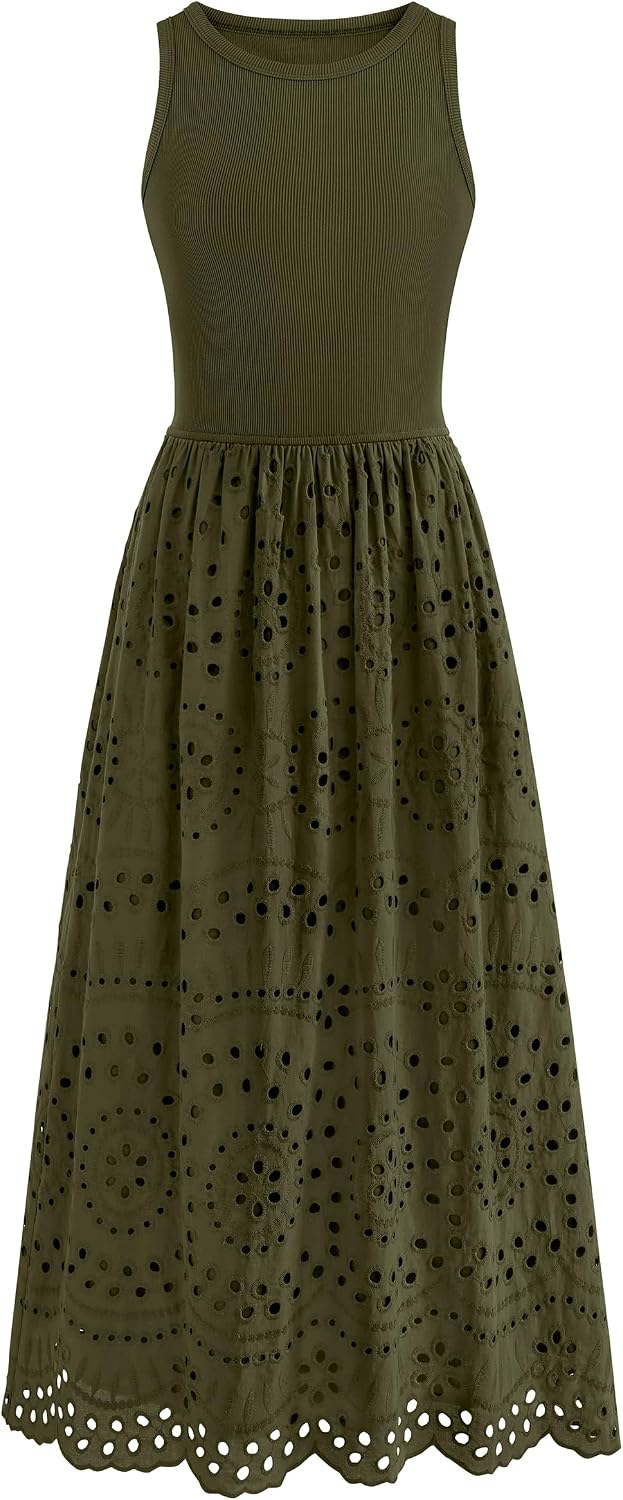 Lace Eyelet Sleeveless Tank Maxi Dress in Army Green