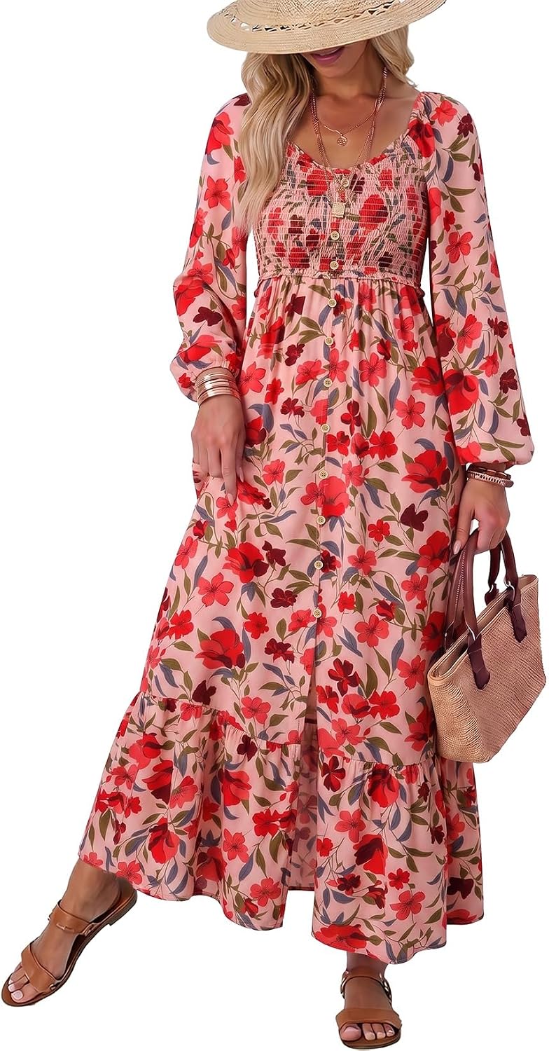 Floral Smocked Long-Sleeve Maxi Dress with Square Neck in Pink