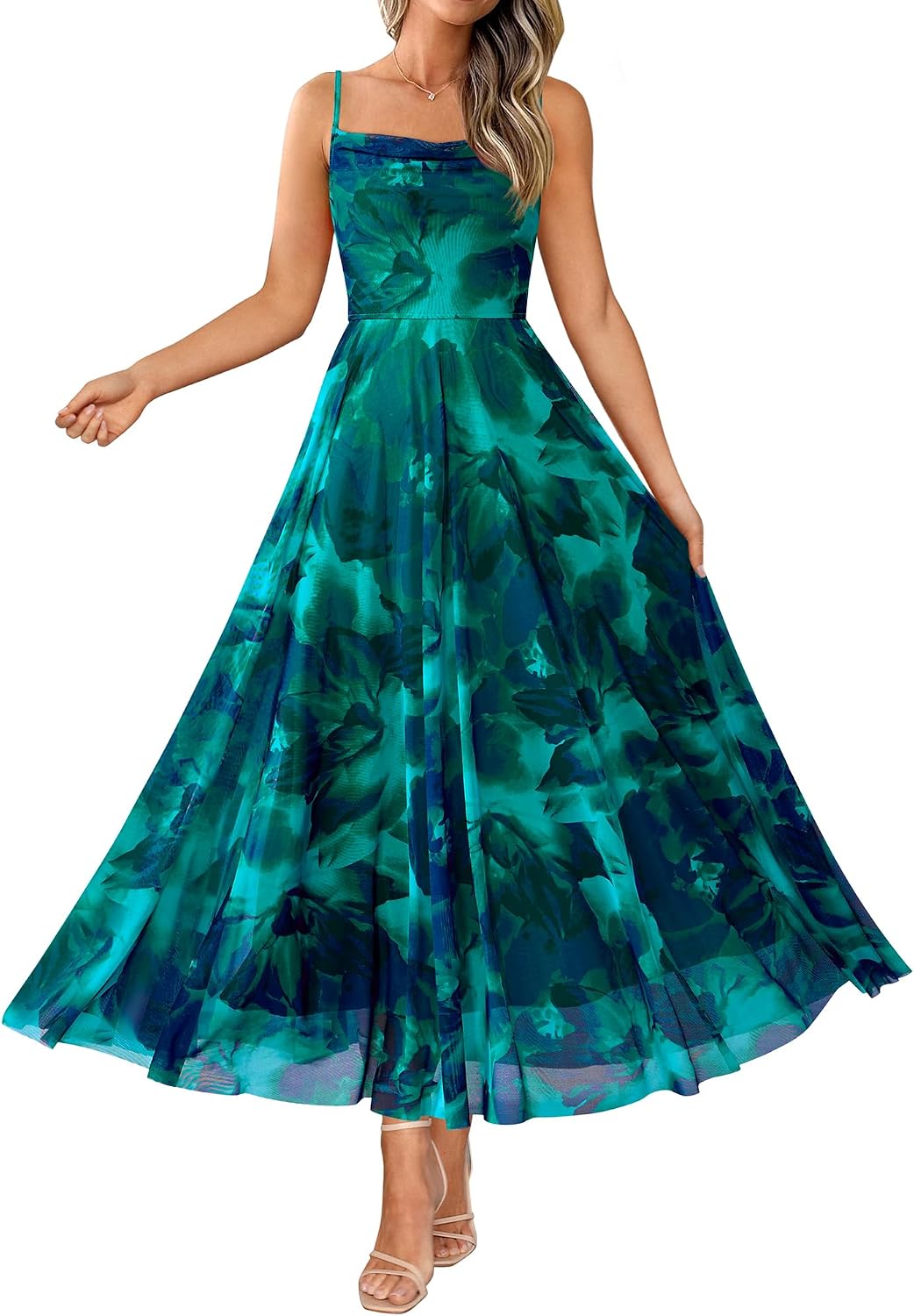 Floral Spaghetti Strap Maxi Dress in Floral Lake Blue