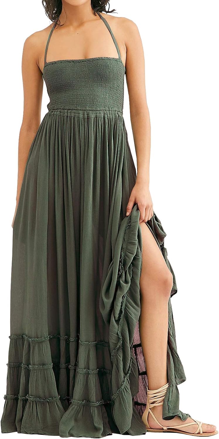 Smocked Ruffle Halter Backless Maxi Dress in Army Green