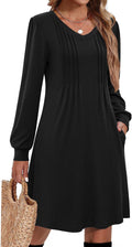 Pleated V-Neck Long-Sleeve A-Line Tunic Dress in Black