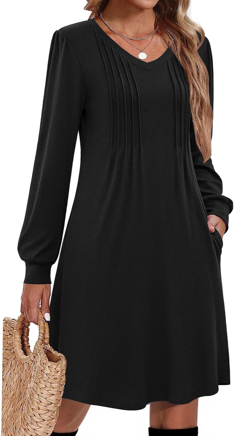 Pleated V-Neck Long-Sleeve A-Line Tunic Dress in Black