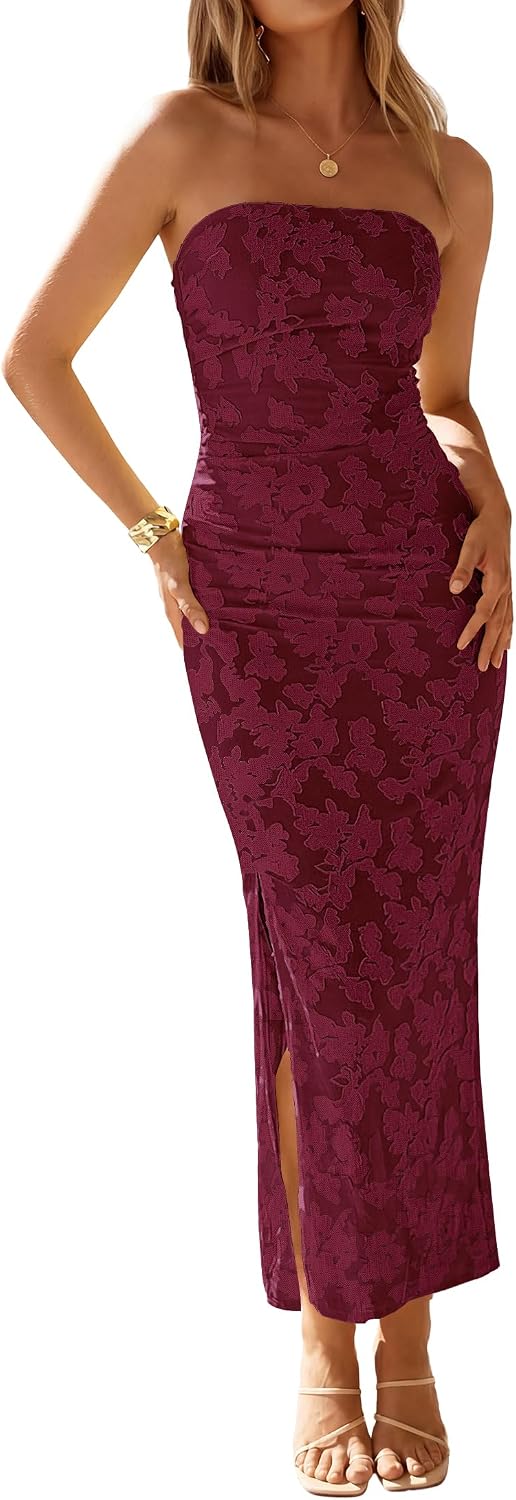 Floral Strapless Ruched Mesh Maxi Dress in Wine