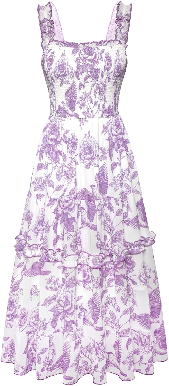 Floral Smocked Square-Neck Tiered Sundress in Lavender Floral