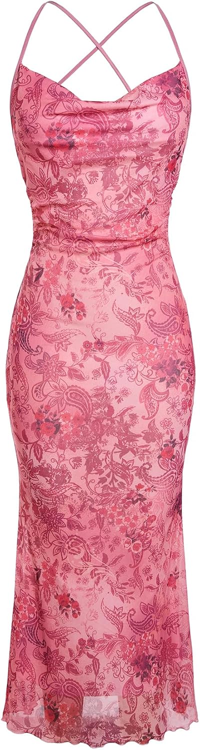 Floral Mesh Cowl-Neck Cami Maxi Dress in Light Pink