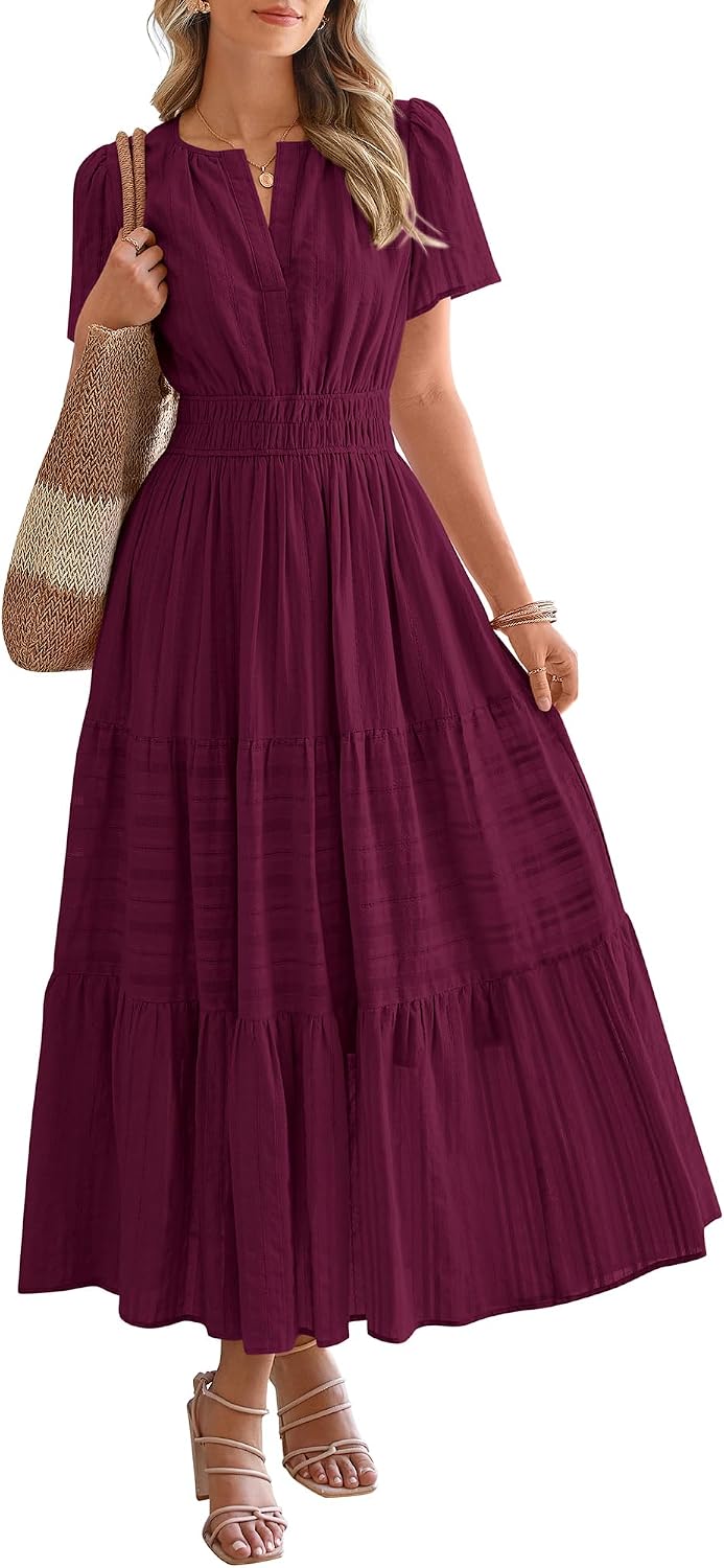V-Neck Short-Sleeve Elastic-Waist Maxi Dress in Wine Red